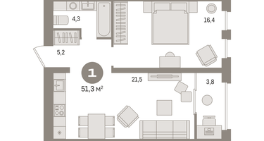 1-к. квартира, 51&nbsp;м²