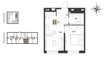 1-к. квартира, 32&nbsp;м²