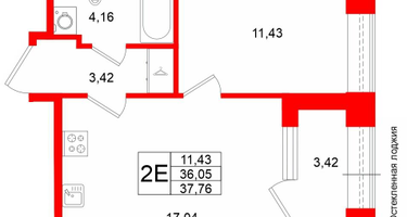 1-к. квартира, 36&nbsp;м²
