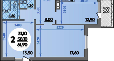 2-к. квартира, 61 м²