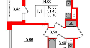 1-к. квартира, 31&nbsp;м²
