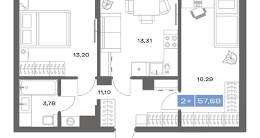 2-к. квартира, 57&nbsp;м²