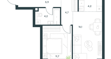 2-к. квартира, 46&nbsp;м²