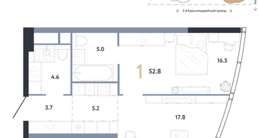 1-к. квартира, 52&nbsp;м²
