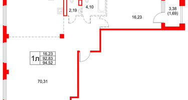 1-к. квартира, 94&nbsp;м²