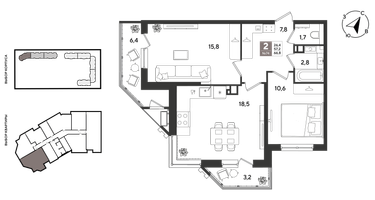 2-к. квартира, 66&nbsp;м²