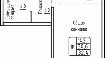 1-к. квартира, 32&nbsp;м²