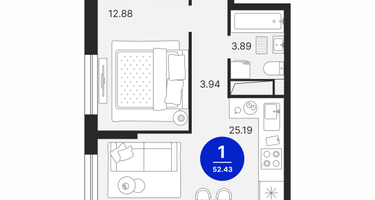 1-к. квартира, 52 м²