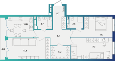 3-к. квартира, 88 м²