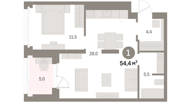 1-к. квартира, 54&nbsp;м²