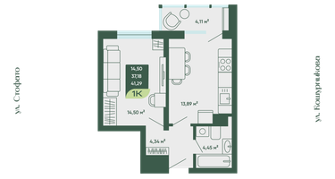 1-к. квартира, 41&nbsp;м²