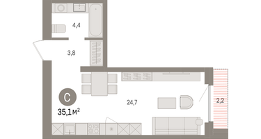 Студия, 35 м²