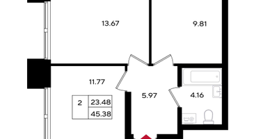 2-к. квартира, 45 м²
