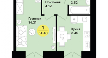 1-к. квартира, 34,4&nbsp;м²