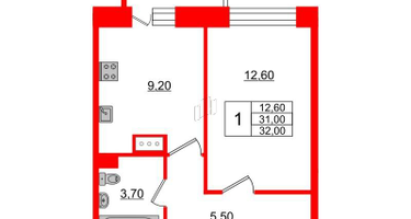 1-к. квартира, 32 м²