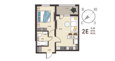 1-к. квартира, 39 м²