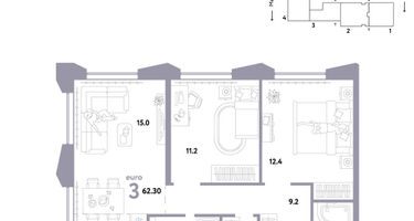 3-к. квартира, 62 м²