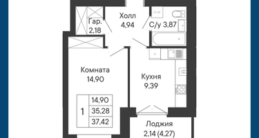 1-к. квартира, 37&nbsp;м²