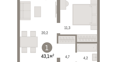 1-к. квартира, 43 м²