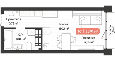 1-к. квартира, 25 м²