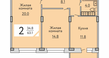 2-к. квартира, 63 м²