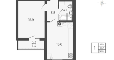 1-к. квартира, 41&nbsp;м²