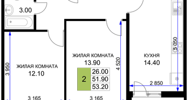 2-к. квартира, 54&nbsp;м²