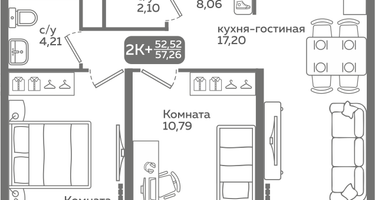 2-к. квартира, 52&nbsp;м²