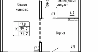 1-к. квартира, 39&nbsp;м²