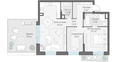 2-к. квартира, 84&nbsp;м²