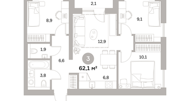 3-к. квартира, 62 м²