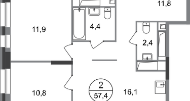 2-к. квартира, 57&nbsp;м²