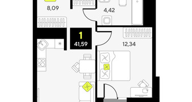 1-к. квартира, 41&nbsp;м²