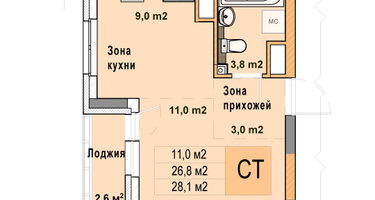 Студия, 28 м²