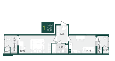 1-к. квартира, 48&nbsp;м²