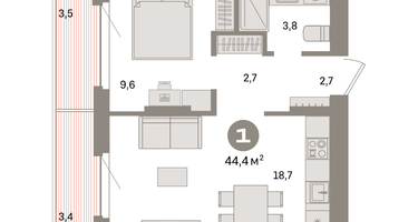 1-к. квартира, 44&nbsp;м²