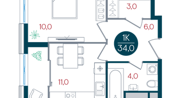 1-к. квартира, 34 м²