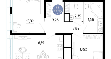 2-к. квартира, 55&nbsp;м²