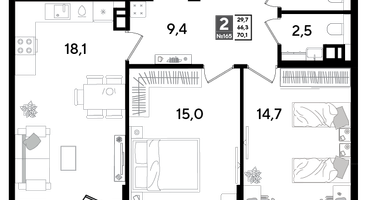 2-к. квартира, 69&nbsp;м²