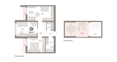 2-к. квартира, 84&nbsp;м²