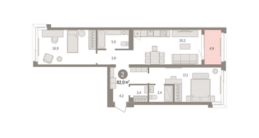 2-к. квартира, 81&nbsp;м²