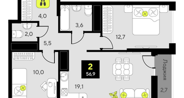 2-к. квартира, 56&nbsp;м²