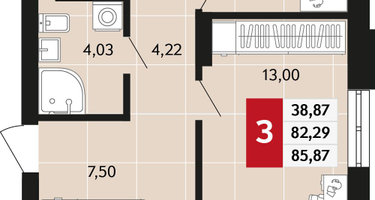 3-к. квартира, 85 м²