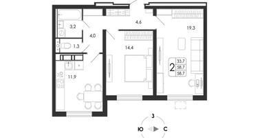 2-к. квартира, 58&nbsp;м²