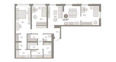 3-к. квартира, 121 м²