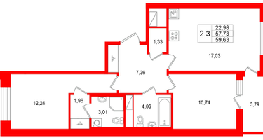 2-к. квартира, 57&nbsp;м²