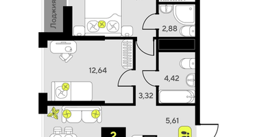 2-к. квартира, 61&nbsp;м²