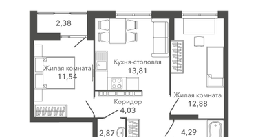 2-к. квартира, 57&nbsp;м²