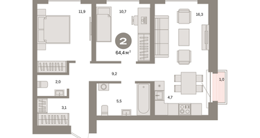 2-к. квартира, 64 м²