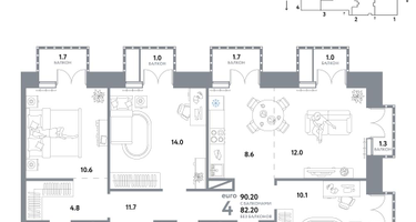 4-к. квартира, 90&nbsp;м²